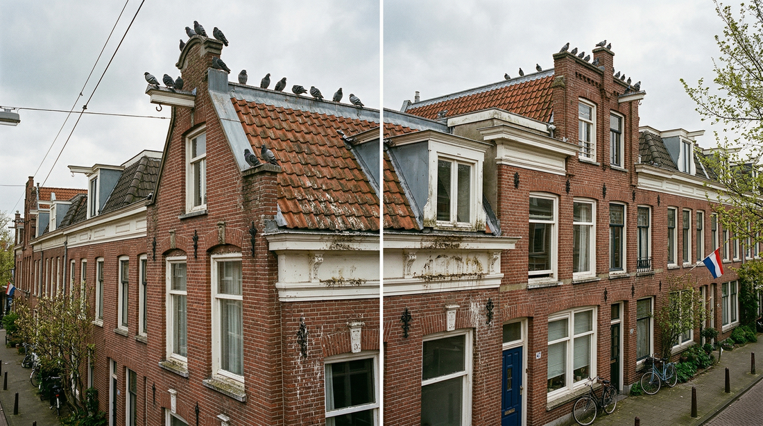 Duivenschade aan gevel met uitwerpselen op vensterbanken