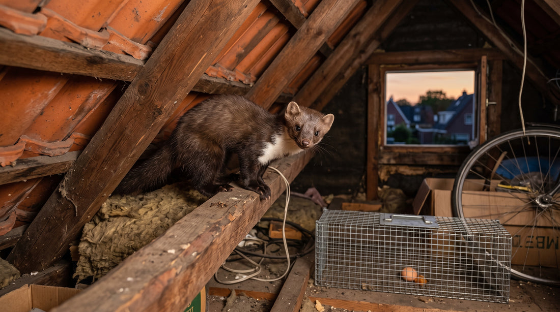 Welk lokaas werkt het beste in een marterkooi? — illustratie bij Altho Pest Control blogartikel over marterbestrijding in een Nederlandse woning of tuin