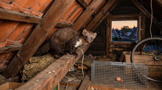 Welk lokaas werkt het beste in een marterkooi? — illustratie bij Altho Pest Control blogartikel over marterbestrijding in een Nederlandse woning of tuin