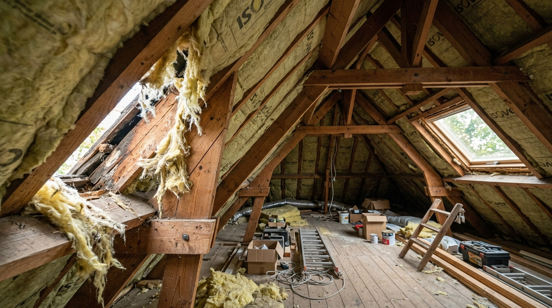 Nederlandse zolder met houten dakbalken en zichtbaar gescheurde glasswool isolatie — illustratie bij artikel marter op zolder