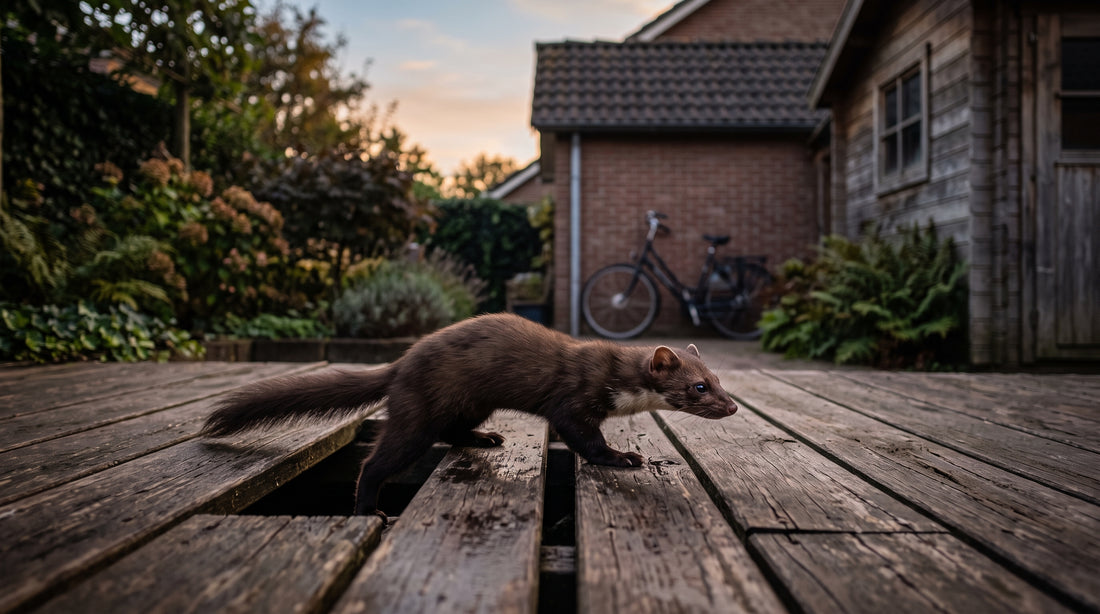 Hoe voorkom je dat marters onder terrasplanken nestelen? — illustratie bij Altho Pest Control blogartikel over marterbestrijding in een Nederlandse woning of tuin