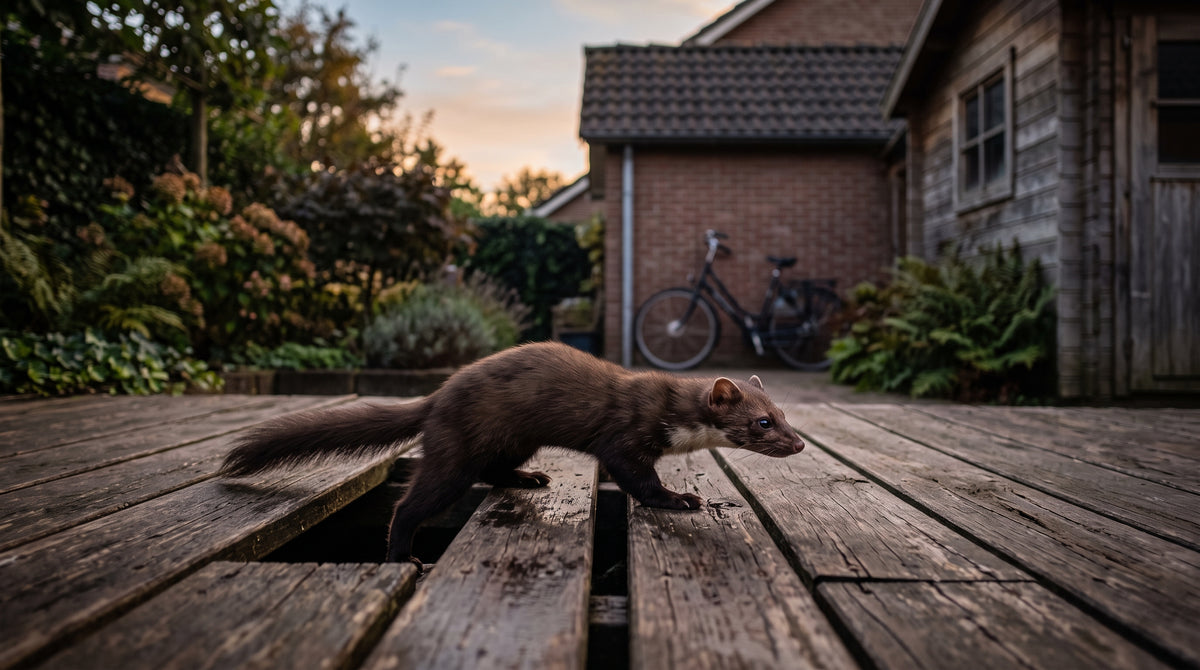 Hoe voorkom je dat marters onder terrasplanken nestelen? — illustratie bij Altho Pest Control blogartikel over marterbestrijding in een Nederlandse woning of tuin