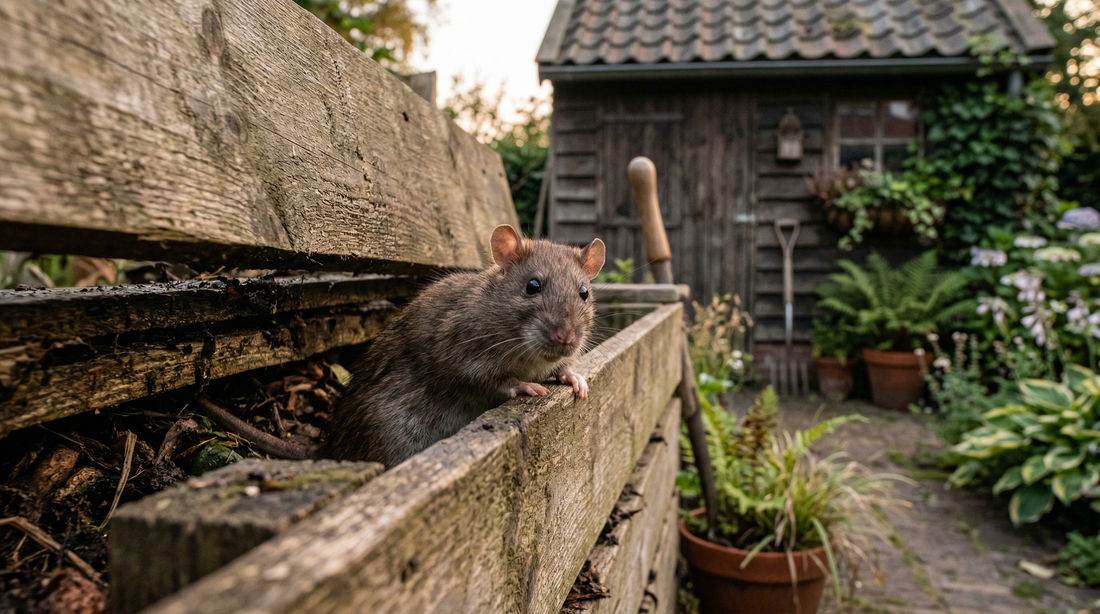 Bruine rat in tuin bij schuur - kosten ratten bestrijden