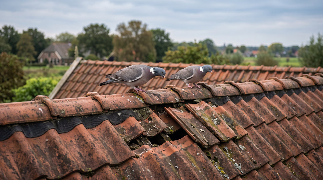 Losliggende dakpannen en randen: inspectie tegen duivennesting — illustratie bij Altho Pest Control blogartikel over duivenbestrijding in een Nederlandse woning of tuin