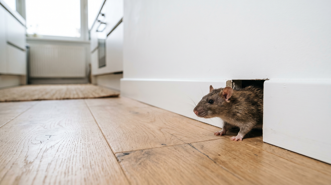 Bruine rat komt tevoorschijn uit een gat in de plint op een houten vloer in een Nederlands huis — illustratie bij gids ratten bestrijden