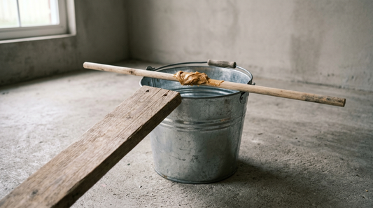 DIY muizenval-emmer met houten plank en draaiende dowel met pindakaas-lokaas — illustratie bij review van de DIY methode