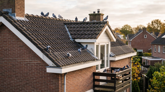 Schoorsteenafsluitingen installeren tegen duiven — illustratie bij Altho Pest Control blogartikel over duivenbestrijding in een Nederlandse woning of tuin