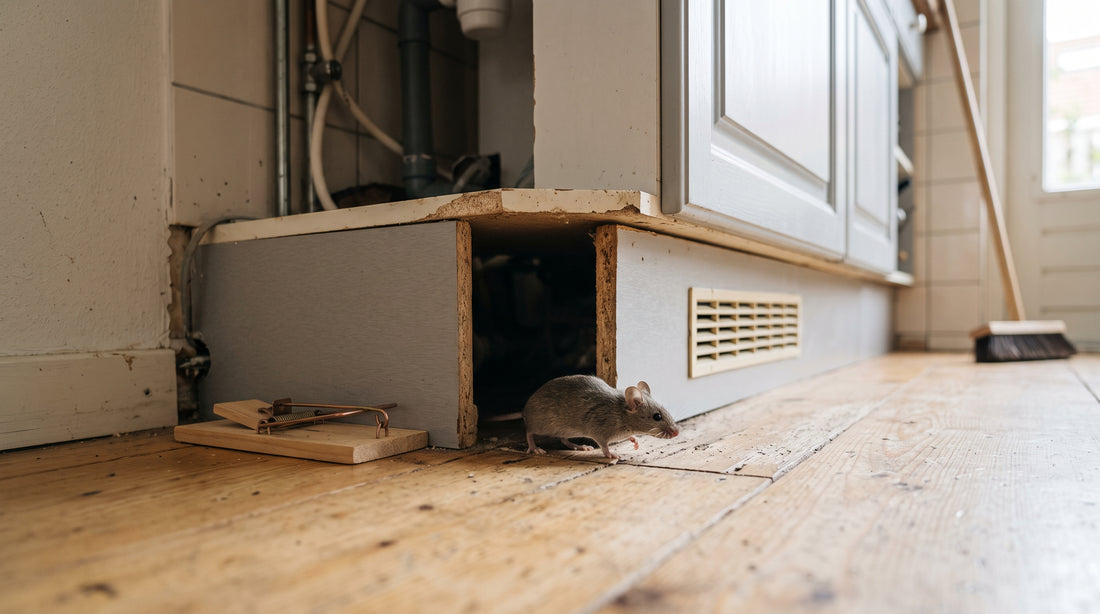 Hoe plaats je muizenvallen veilig onder keukenkasten — illustratie bij Altho Pest Control blogartikel over muizenbestrijding in een Nederlandse woning of tuin