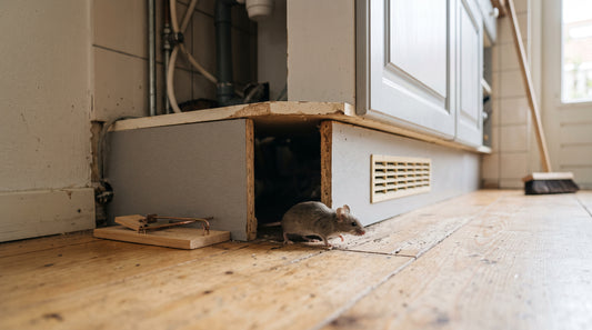 Hoe plaats je muizenvallen veilig onder keukenkasten — illustratie bij Altho Pest Control blogartikel over muizenbestrijding in een Nederlandse woning of tuin