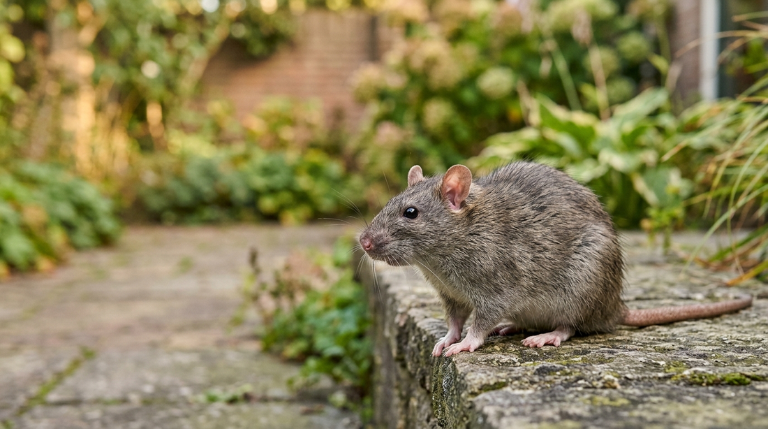 Bruine rat (Rattus norvegicus) op een stenen tegel in een Nederlandse tuin — herkenningsbeeld bij artikel over de bruine rat