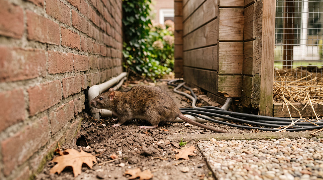 Hoe vind je ratteningangen in tuinmuren? 5 stappen — illustratie bij Altho Pest Control blogartikel over rattenbestrijding in een Nederlandse woning of tuin