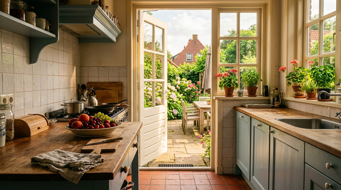 Zonnige Nederlandse keuken met openstaande achterdeur naar de tuin — illustratie bij artikel zomer ongedierte preventie