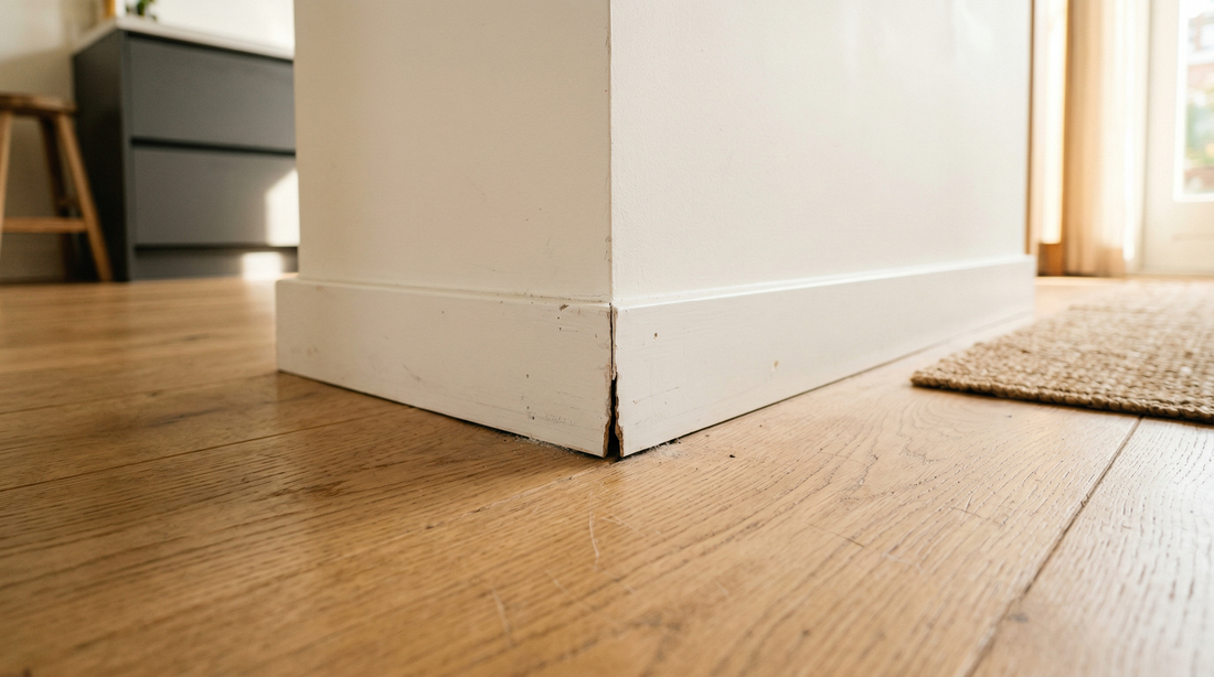 Kier bij een plint in een Nederlandse keuken — typische plek waar muizen binnenkomen