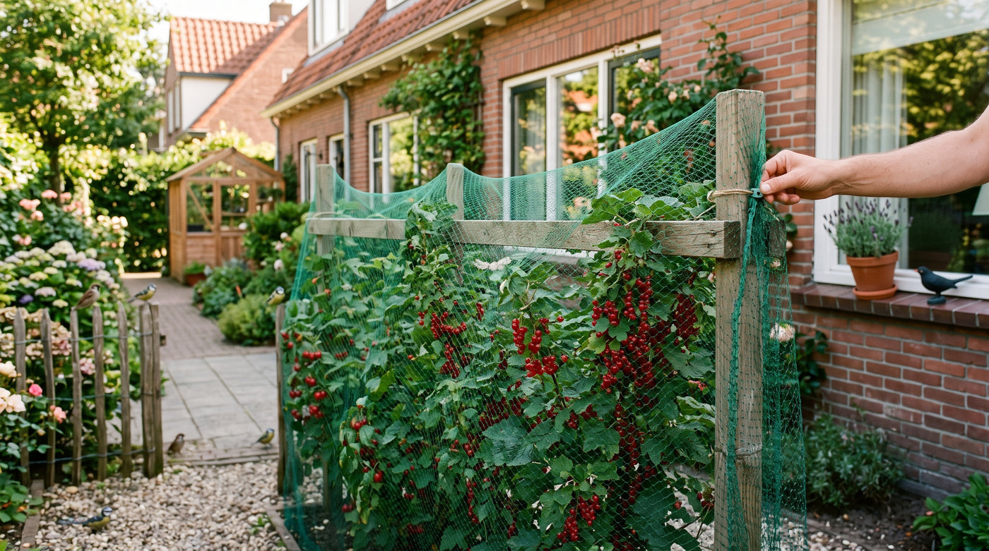 Hoe monteer je vogelnet rond kersen- en bessenstruiken? — illustratie bij Altho Pest Control blogartikel over vogelsbestrijding in een Nederlandse woning of tuin