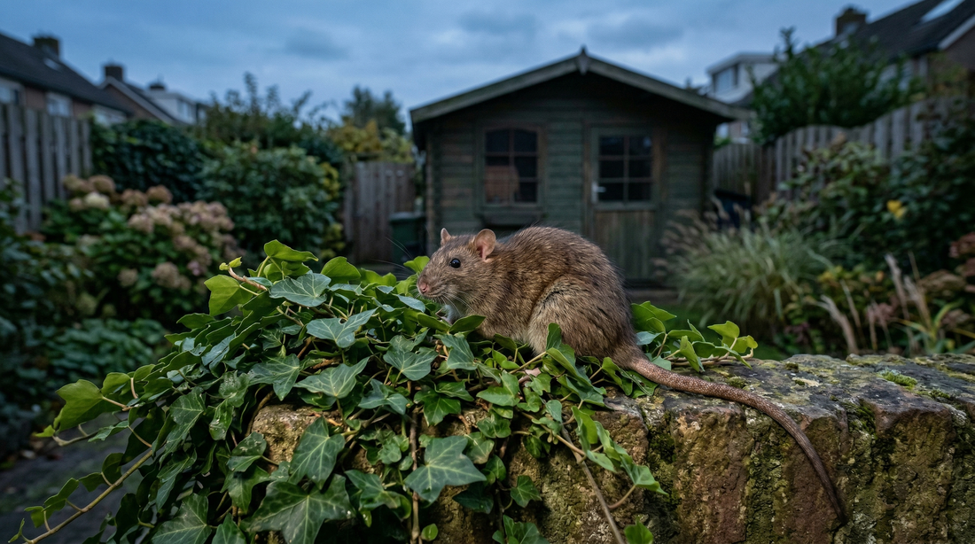 Bruine rat op een tuinmuur in een Nederlandse achtertuin — ratten bestrijden begint met herkenning