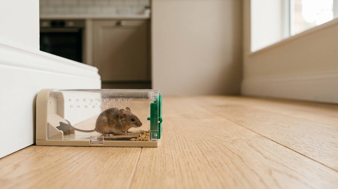 Diervriendelijke catch-and-release muizenval op een lichte houten keukenvloer met een muis veilig binnenin