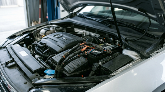 Open motorruimte van een moderne auto met zichtbare schade aan kabels — illustratie bij artikel over marterverzekering