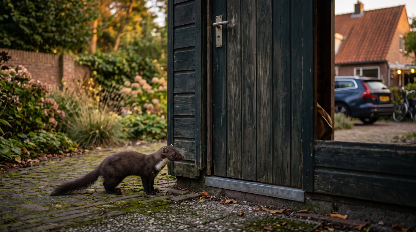 Hoe bescherm je je schuurdeur tegen marterinsluipen? — illustratie bij Altho Pest Control blogartikel over marterbestrijding in een Nederlandse woning of tuin