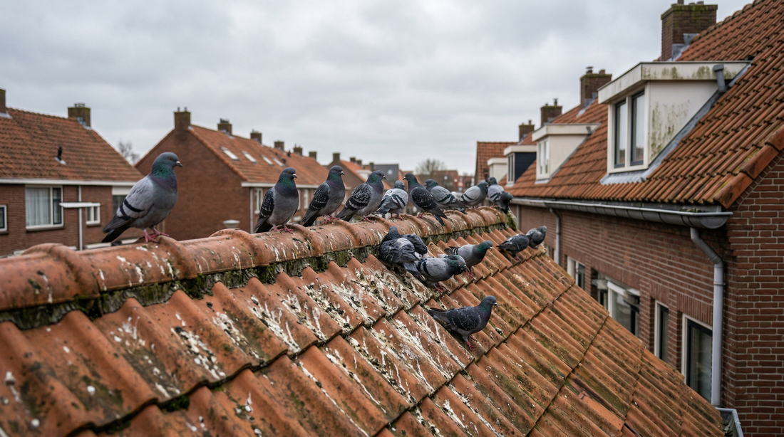 Duiven op een Nederlands dak met dakpannen — duivenoverlast voorkomen met de juiste maatregelen