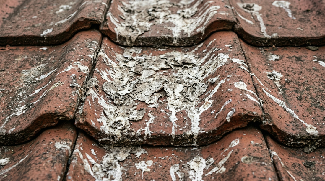 Opgedroogde duivenpoep op Nederlandse dakpannen — veilig verwijderen is belangrijk