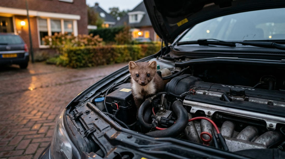 Steenmarter in de motorruimte van een auto — reden om een marterverjager te kopen