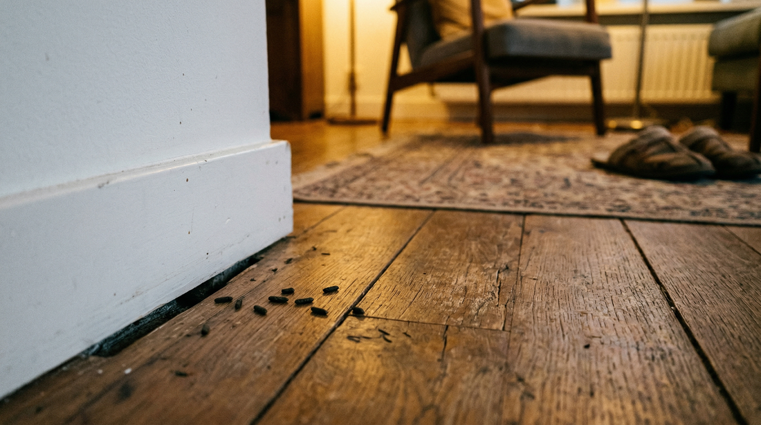 Muizenkeutels bij een plint in een woonkamer — eerste teken van een muis in huis