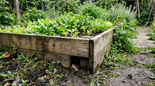 Verhoogde moestuinbak in Nederlandse tuin — kwetsbaar voor ratten zonder de juiste preventie
