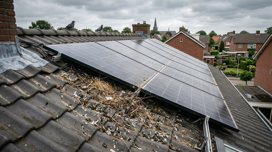 Duivennest onder zonnepanelen op een Nederlands dak — reden om zonnepanelen te beschermen tegen duiven