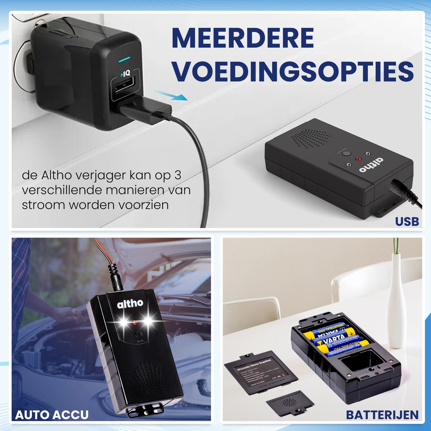 Altho Marterverjager meerdere voedingsopties: USB, Auto accu, Batterijen