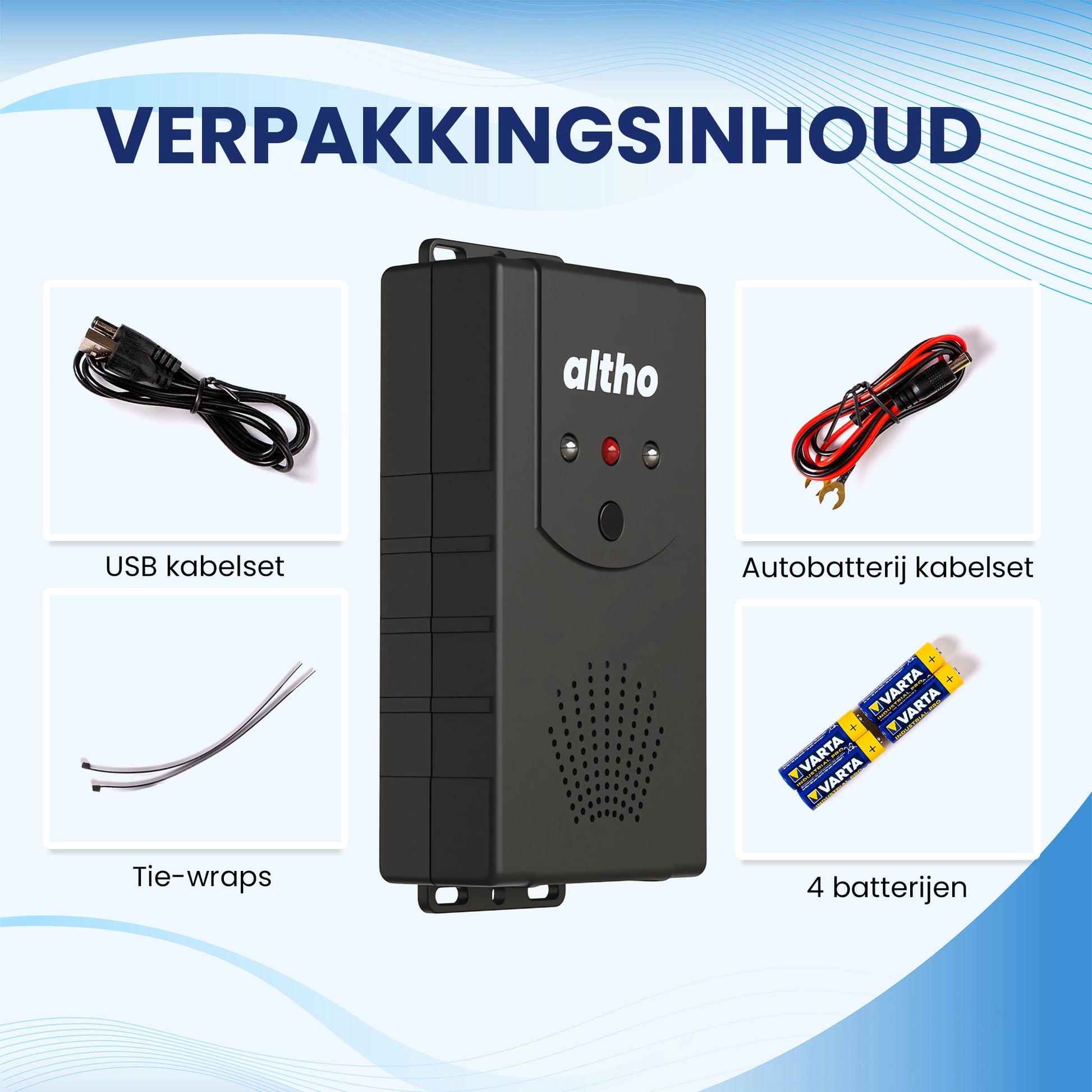 Altho Marterverjager verpakkingsinhoud: usb kabelset, autobatterij kabelset, tie-wraps en 4 batterijen