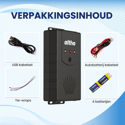 Altho Marterverjager verpakkingsinhoud: usb kabelset, autobatterij kabelset, tie-wraps en 4 batterijen