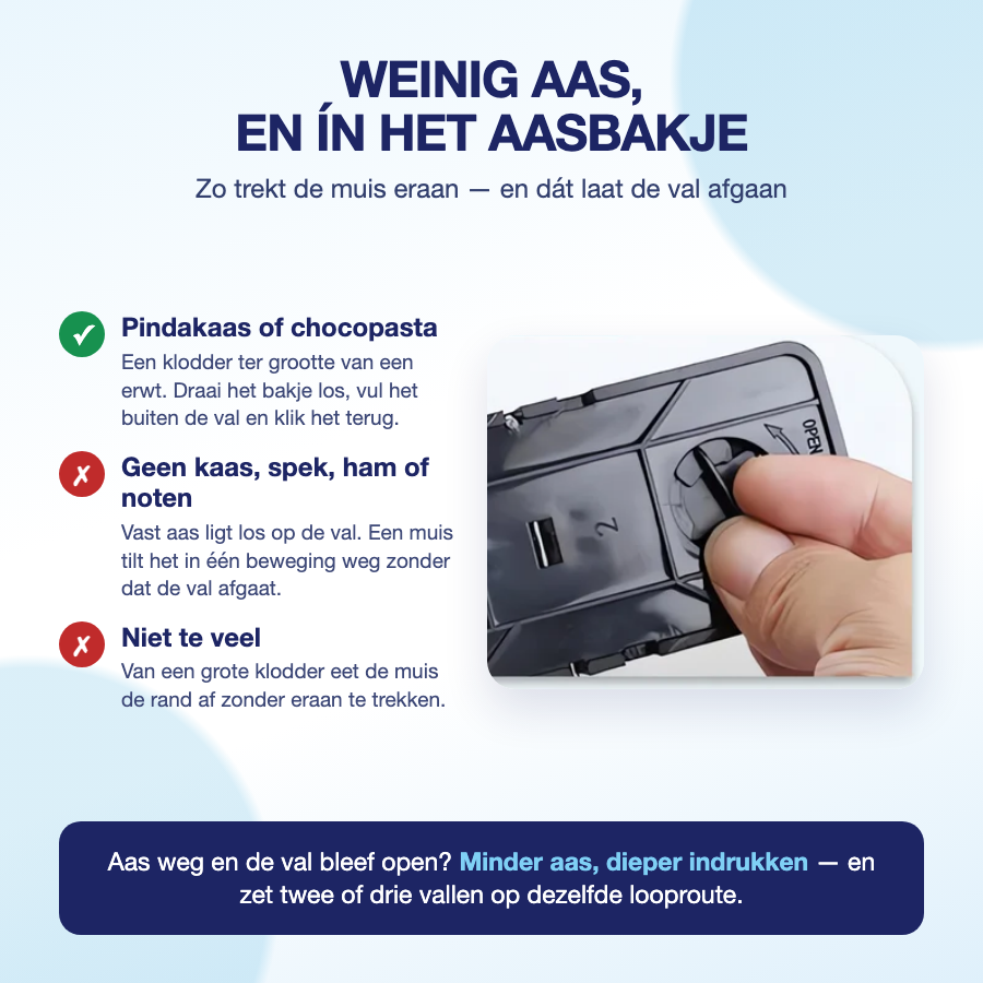 Weinig kleverig aas in de aasruimte — geen kaas, spek of noten