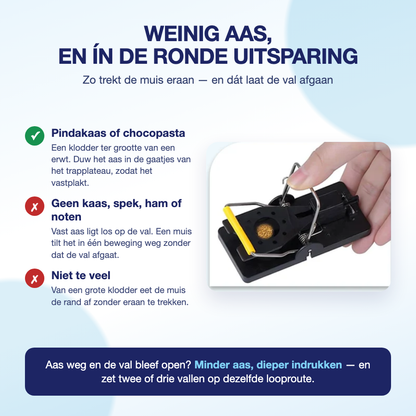 Weinig kleverig aas in de aasruimte — geen kaas, spek of noten