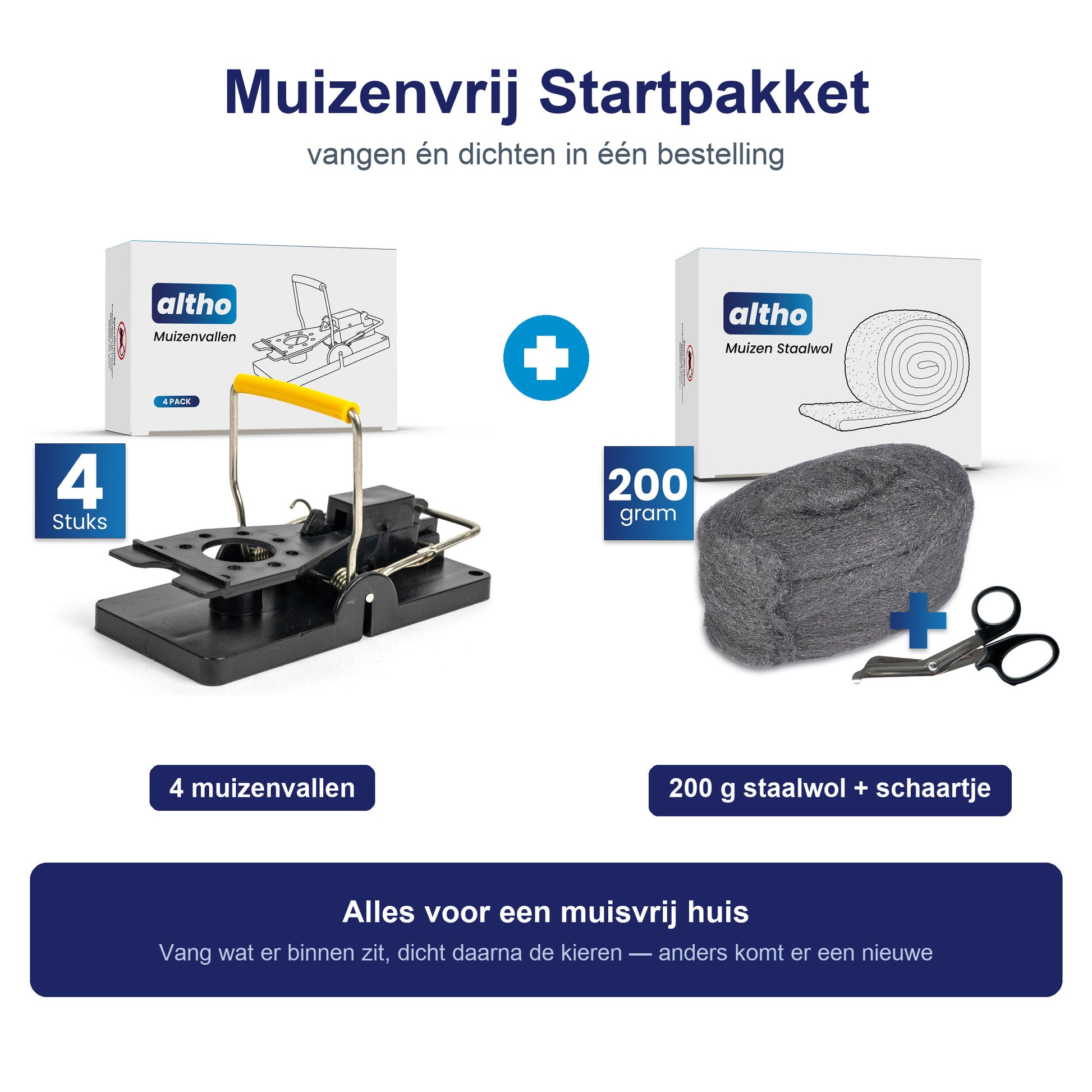 Muizenvrij Startpakket: 4 muizenvallen plus 200 gram staalwol met schaartje