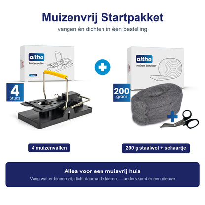 Muizenvrij Startpakket: 4 muizenvallen plus 200 gram staalwol met schaartje